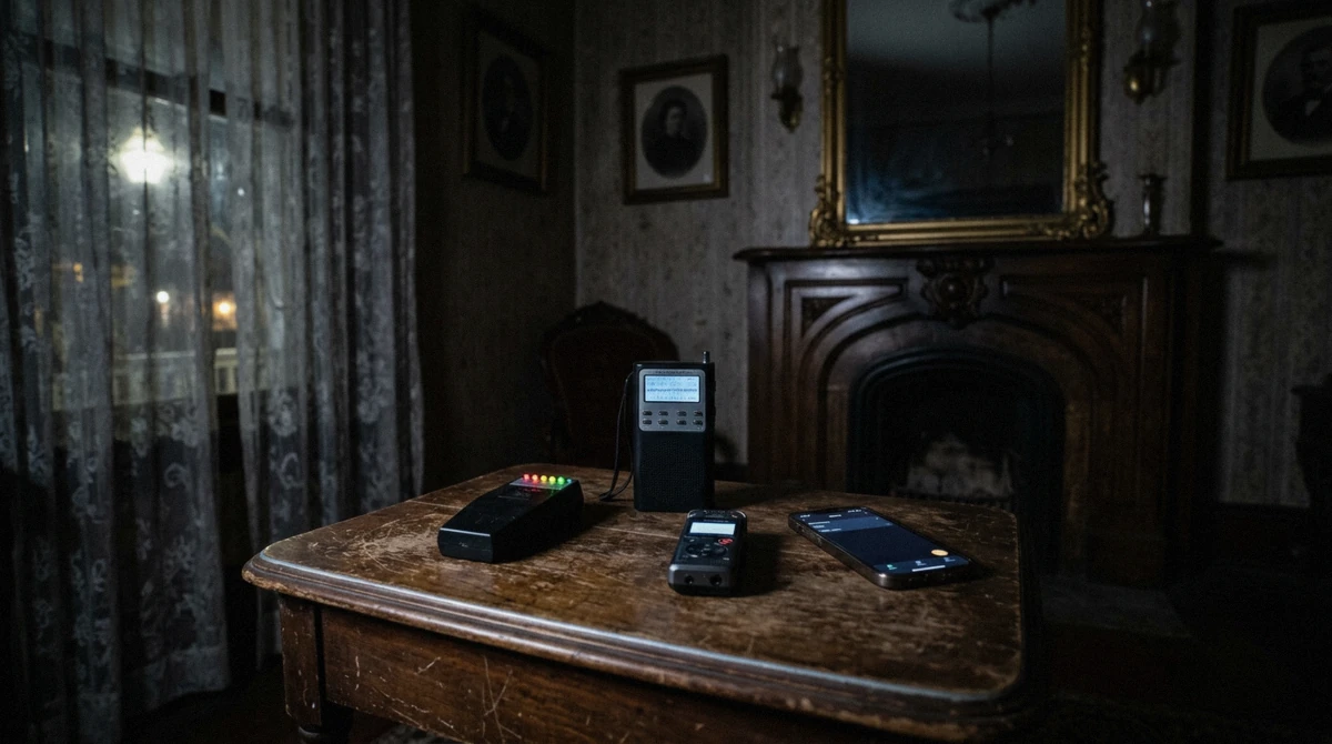 An EMF meter, spirit box and recorder on an antique table, the kit used on a ghost hunting tour in Savannah GA