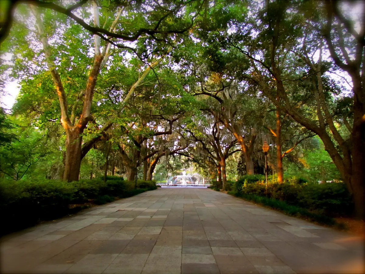 An oak-lined path to the Forsyth Park fountain, a Savannah GA ghost tour setting by night and day