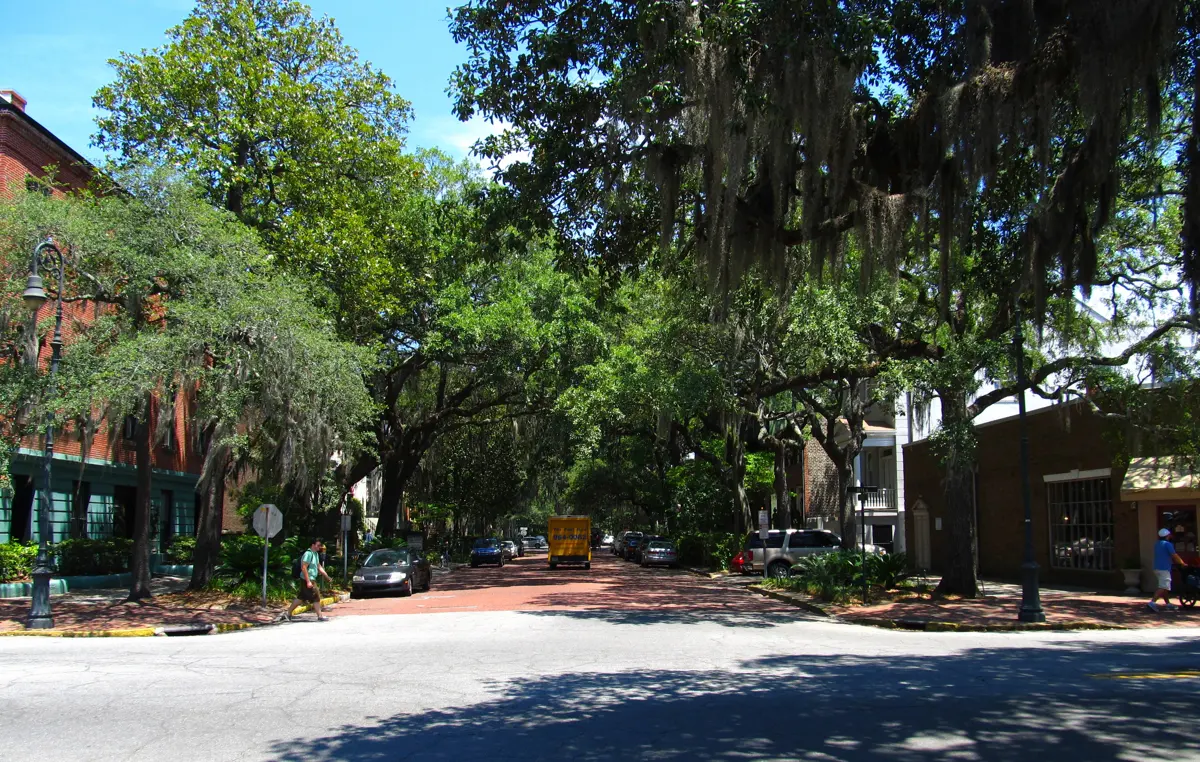 Jones Street at Bull Street in the Historic District, walking ground of a haunted pub crawl in Savannah GA
